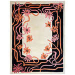 Top view of a beautiful Floral Spiral Hand Tufted Wool Rug showcasing intricate floral patterns in pink and orange against a cream and black background. Perfect area rug for enhancing your living room decor with a touch of elegance, ideal for those seeking large living room rugs and wool rugs with a floral design.