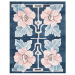 The Floral Symmetry Dance Hand Tufted Wool Rug showcases an elegant design with soft pink and blue floral patterns on a rich blue background. This contemporary area rug is perfect for enhancing your living room with an 8x10 size, offering both style and comfort. Crafted from high-quality wool, this rug adds a touch of sophistication to any space.