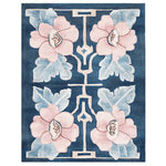 The Floral Symmetry Dance Hand Tufted Wool Rug showcases an elegant design with soft pink and blue floral patterns on a rich blue background. This contemporary area rug is perfect for enhancing your living room with an 8x10 size, offering both style and comfort. Crafted from high-quality wool, this rug adds a touch of sophistication to any space.