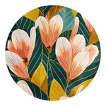 A beautiful round area rug featuring a vibrant floral design with pink and white flowers against lush green and golden leaves. Perfect for adding a touch of elegance to a bedroom or living room setting, this hand-tufted wool rug is a stylish choice for those seeking high-quality bedroom area rugs or living room rugs in an 8x10 style.