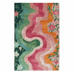 Colorful wavy patterned rug with floral elements on a white background