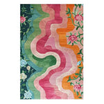 Vibrant Floral Wavefront Hand Tufted Area Rug featuring a dynamic wave pattern in shades of green, pink, and orange. This wool rug showcases elegant floral details, perfect for adding a splash of color to any living room or dining room space. Ideal for those searching for living room rugs 8x10 with a unique and artistic flair.