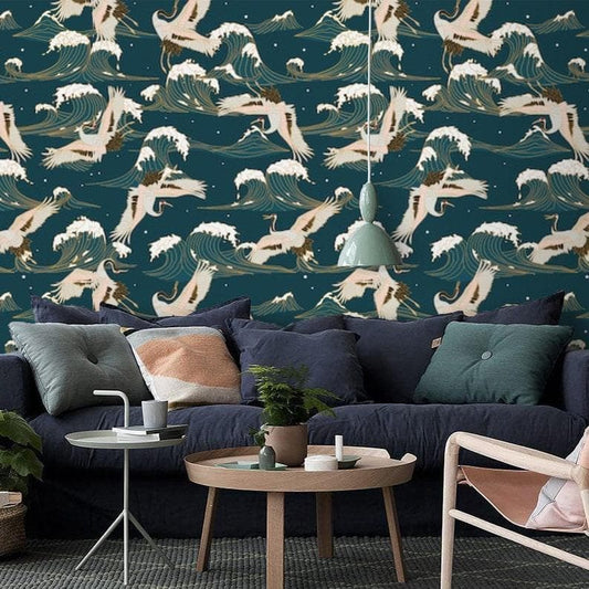 Flying Cranes Over Chinoiserie Blue Ocean Wallpaper - MAIA HOMES