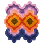 Top view of the Formations Flow Hand Tufted Area Rug showcasing a vibrant, abstract design with layered waves in shades of purple, orange, and pink. This contemporary wool rug is perfect for adding a splash of color to any living room, especially in an 8x10 size.