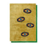 A unique area rug featuring a bold design of four stylized eyes against a warm, golden backdrop, bordered by a striking green edge. This vintage rug is perfect for adding a touch of whimsy to living room and dining room spaces. Made from high-quality viscose hand-tufted wool, it serves as an elegant and artistic choice for formal dining room settings.
