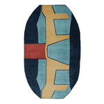 Top view of the Fractured Path Echo Hand Tufted Area Rug, showcasing its unique abstract design with bold geometric shapes in blue, yellow, and red. This contemporary wool rug is perfect for adding a modern touch to living room spaces, available in an 8x10 size.