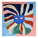 A vibrant, hand-tufted wool area rug with a bold abstract design, featuring a mix of blue, pink, green, and brown colors. This contemporary square area rug is perfect for adding a lively touch to large living room spaces.