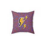 Funky lightning throw pillow featuring a vibrant design with lightning bolts on a wavy pink and purple background.