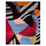 A vibrant and contemporary area rug with bold geometric patterns in red, blue, orange, and black. This hand-tufted wool rug is perfect for adding a splash of color to living room spaces, available in an 8x10 size.