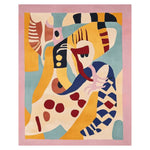 A vibrant, hand-tufted area rug showcasing a funky, abstract design with bold colors like yellow, blue, and red, perfect for adding a contemporary touch to your living room. This wool rug measures 8x10 and is ideal for those looking for unique living room area rugs.