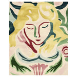 A vibrant and contemporary area rug featuring an abstract design with soft colors of yellow, green, and pink, resembling a serene face amidst floral patterns. This hand-tufted wool rug is perfect for adding an artistic touch to large living rooms. Ideal for those looking for living room rugs sized 8x10.