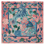 Vibrant and colorful Garden of Legends hand tufted area rug featuring an intricate floral design with shades of blue, pink, and green. This square area rug is perfect for adding a touch of elegance to any living room. Made from high-quality wool, it's a large living room rug that combines both beauty and comfort.