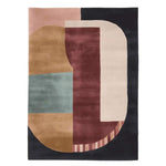 Top view of the Geometric Block Harmony Hand Tufted Area Rug showcasing an abstract design with bold colors like beige, blue, and burgundy. This contemporary wool rug is perfect for adding a modern touch to living room area rugs, enhancing the aesthetics of any space.