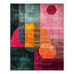 A vibrant Geometric Tapestry Hand Tufted Wool Rug featuring bold abstract shapes in rich colors like pink, orange, and teal, ideal as a large area rug for modern living rooms. This contemporary wool rug measures 8x10, perfect for adding a pop of color and style to any living space.