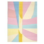 A vibrant and contemporary area rug featuring an abstract design in pastel colors including pink, blue, yellow, and cream. This hand-tufted wool rug is perfect for adding a touch of modern style to living room area rugs collections, offering a soft and stylish accent for any space.