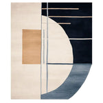 A contemporary area rug titled 'Geometry of Stillness Hand Tufted Rug' featuring an abstract design with a combination of beige, navy, and grey colors. This wool rug showcases geometric shapes with a large circular pattern, perfect for a modern living room setting. Ideal as a large living room rug, adding a stylish and calming touch to any space.