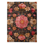 A vibrant Gilded Rose Hand Tufted Wool Rug showcasing intricate floral patterns in pink and gold tones against a dark background. This area rug is perfect for adding elegance to large living rooms, offering both style and comfort as a wool rug.