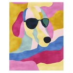 Vibrant and playful area rug featuring a colorful abstract design of a dog wearing sunglasses, crafted from high-quality wool. Perfect for adding a contemporary touch to any living room.