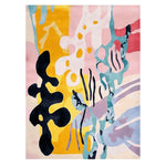 A vibrant Golden Abstract Reef Dance hand-tufted area rug, showcasing a contemporary design with bold splashes of yellow, pink, blue, and black. This wool rug is perfect for adding an artistic flair to living rooms, making it an ideal choice for those seeking unique area rugs for living room decor.