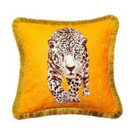 Golden fringe leopard throw pillow cover featuring a striking leopard design on a vibrant orange background, perfect for adding a bold touch to your home decor.
