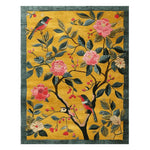 This vibrant area rug features a hand-tufted design with an intricate garden bloom pattern. The wool rug showcases colorful birds and blossoms on a rich golden background, perfect for adding a contemporary touch to large living room spaces. Ideal for those seeking elegant rugs for the living room.
