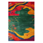 Vibrant Golden Horizon Hand Tufted Viscose Area Rug featuring bold abstract patterns in red, green, and orange with intricate floral motifs. Ideal wool rug for adding a splash of color to living room area rugs, perfect for those seeking unique rugs for living room spaces.