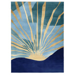 Golden Sunrise Hand Tufted Area Rug featuring a contemporary abstract design. The wool rug showcases golden sun rays against a serene blue background, perfect for adding elegance to large living room spaces. Ideal as a centerpiece in rugs for living rooms.