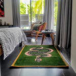 This image showcases a Green and Black Snake Hand Tufted Wool Area Rug, perfectly placed in a modern bedroom setting. The vintage rug features a striking snake design on a rich green background, ideal for adding a touch of elegance to dining rooms or living spaces. This wool rug, suitable for 8x10 living room setups, complements the sleek decor, casting a stylish vibe under a dining table or as a statement piece in the living room.