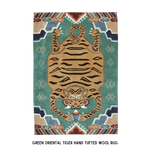 A vibrant Green Oriental Tiger Hand Tufted Wool Rug, perfect for adding a bold statement to any living room. This large area rug features an abstract tiger design in the center, surrounded by intricate patterns with rich colors, embodying a blend of traditional and contemporary styles. Ideal for those seeking unique wool rugs for the living room.