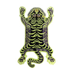 Top view of a unique Green Tibetan Tiger Accent Hand Tufted Wool Rug, perfect for adding a vintage touch to your bedroom or living room. This area rug features an abstract tiger design in vibrant colors, making it an ideal choice for those looking to enhance their space with stylish wool rugs. Suitable for both area rugs for living room and bedroom settings.