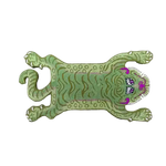 A vibrant Green Tibetan Tiger Accent Wool Rug featuring an abstract tiger design, perfect for adding an exotic touch to any dining room. This vintage rug is crafted from high-quality wool, ideal for those seeking unique dining room area rugs or formal dining room rugs.