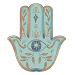 This image showcases a beautifully crafted Hamsa Hand Magic Eye wool rug, perfect for adding an artistic touch to your dining room. The area rug features intricate designs with an eye at the center, surrounded by floral and leaf motifs in soothing colors, ideal for dining room carpets or dining room area rugs.