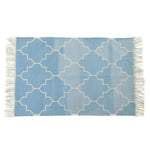 A beautiful handwoven area rug with a blue and white Moroccan pattern, perfect for adding a touch of boho style to your living room. The cotton rug features intricate geometric designs and fringes on the edges, ideal for use as an 8x10 living room rug.