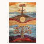Heavenly Arbor Hand Tufted Rug depicting an abstract landscape with a vibrant tree design. This luxurious wool area rug is perfect for a large living room, adding a contemporary touch with its earthy tones and artistic flair.
