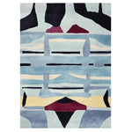 Top view of a Hidden Grid Code Hand Tufted Area Rug, showcasing an abstract design with a mix of soft blue, red, yellow, and black tones. This contemporary wool rug, sized 8x10, adds a modern touch to any living room.