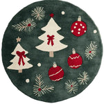 A festive Holiday Haven Round Hand Tufted Area Rug featuring a charming holiday design with white Christmas trees, red ornaments, and green pine branches, perfect for adding warmth to your living room. This wool rug is a stylish choice among large area rugs for cozy seasonal decor.