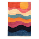 The Horizon Glow Hand Tufted Rug showcases a vibrant, abstract design with waves of color resembling a sunset. This 8x10 area rug is perfect for contemporary living rooms, offering a stylish and cozy addition. Made from high-quality wool, it enhances any space with its artistic flair, ideal for those seeking modern rugs for living room decor.