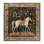 Charming Horse & Blossom Wool Hand Knotted Area Rug featuring a detailed depiction of a horse amidst vibrant floral patterns, ideal for enhancing your dining room, office, or living space. This square area rug, reminiscent of Persian rugs, offers a touch of elegance and warmth with its rich wool texture.