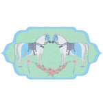 The Horses of Lovers Hand Tufted Area Rug features a charming design of two elegantly adorned horses facing each other, surrounded by delicate floral accents. This wool rug is perfect for adding a touch of boho flair to your dining room or as a large area rug in your living room and dining room spaces.