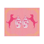 Charming area rug featuring a playful design of two dogs standing on their hind legs next to intricately patterned jars. The rug's pink background and yellow decorative border add a boho touch, making it perfect for living room decor. This wool rug combines style and warmth, ideal for those seeking unique area rugs for the living room.