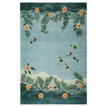 Beautiful Humming Haven Knotted Wool Rug showcasing a serene nature-inspired design. Perfect for adding elegance to living room area rugs, this large wool rug features colorful birds and floral patterns, making it an ideal choice for large living room rugs.