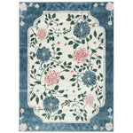 The Hushed Bloom Tangle Hand Tufted Rug is a stunning area rug featuring a vibrant floral design. This wool rug showcases intricate blue and pink blossoms intertwined with green leaves, set against a soft cream background. Perfect for large living rooms, this floral rug adds a touch of elegance and warmth, making it an ideal choice for area rugs in the living room.