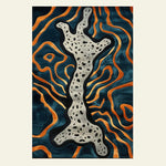 The Illusionary Prowess Hand Tufted Rug showcases a striking abstract design with swirling orange and black patterns against a deep blue backdrop. This contemporary area rug, crafted from high-quality wool, is perfect for adding a bold touch to bedrooms and living rooms. Ideal for those seeking unique bedroom rugs or living room area rugs that blend art and function seamlessly.