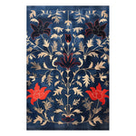 Indigo Garden Hand Tufted Area Rug featuring an intricate floral design in vibrant red and beige on a deep blue background. Perfect for adding a touch of vintage elegance to your dining room. This wool rug is ideal for formal dining room settings, enhancing the space with its classic charm and stylish pattern.