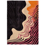 A contemporary area rug with a bold and abstract design featuring swirling lines in black, beige, orange, and pink. This wool rug is perfect for adding a modern touch to any living room. Ideal as an 8x10 living room rug.