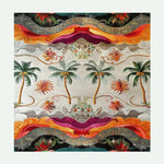 Island Escape Tapestry Hand Tufted Rug depicting a vibrant tropical design. This square area rug features colorful palm trees and abstract patterns, perfect for adding a splash of color to any dining room or office. Made from wool, it's ideal for formal dining room settings.