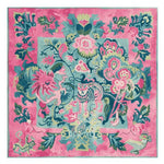 A vibrant Jungle Bloom Hand Tufted Rug featuring an abstract design with a central tiger motif surrounded by lush floral patterns in pink, blue, and green hues. This square area rug is perfect for adding a bold statement to large living rooms. Made from wool, it's an ideal choice for those seeking unique area rugs for the living room.