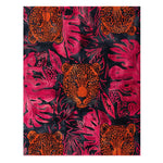 A vibrant area rug featuring a jungle chic design with abstract tiger faces in bold orange and pink hues. This wool rug brings a dynamic touch to any space, making it perfect for bedrooms or dining rooms.