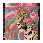 The Jungle Throne Bloom Hand Tufted Rug showcases an abstract design featuring a leopard surrounded by vibrant floral patterns. This square area rug is perfect for adding a touch of nature to living room spaces. Made from high-quality wool, this floral rug combines elegance with durability, making it an ideal choice for those seeking unique rugs for their living room.