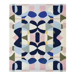 A vibrant Kaleidoscope Core Hand Tufted Area Rug, showcasing a contemporary abstract design with geometric patterns in shades of blue, pink, and olive. This wool rug, perfect for adding a modern touch to your living space, measures 8x10, making it an ideal choice for large living rooms.